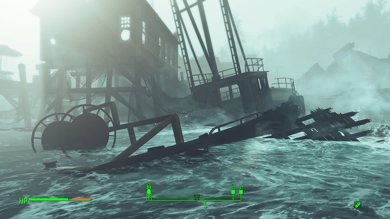 Fallout 4: a broken down fishing boat semi-submerged.