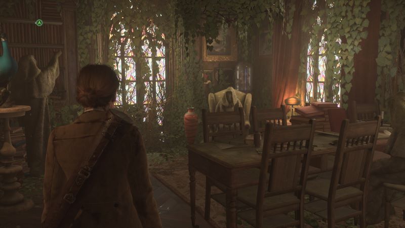 Alone In The Dark: Emily in a dining room area that's covered in vines.