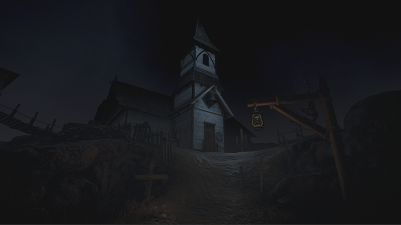 Image from DEVOUR showing an old church in the abandoned town of Mercy.