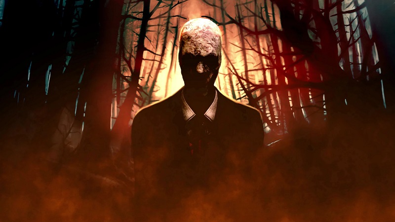 A close-up of Slenderman with a forest fire behind him.